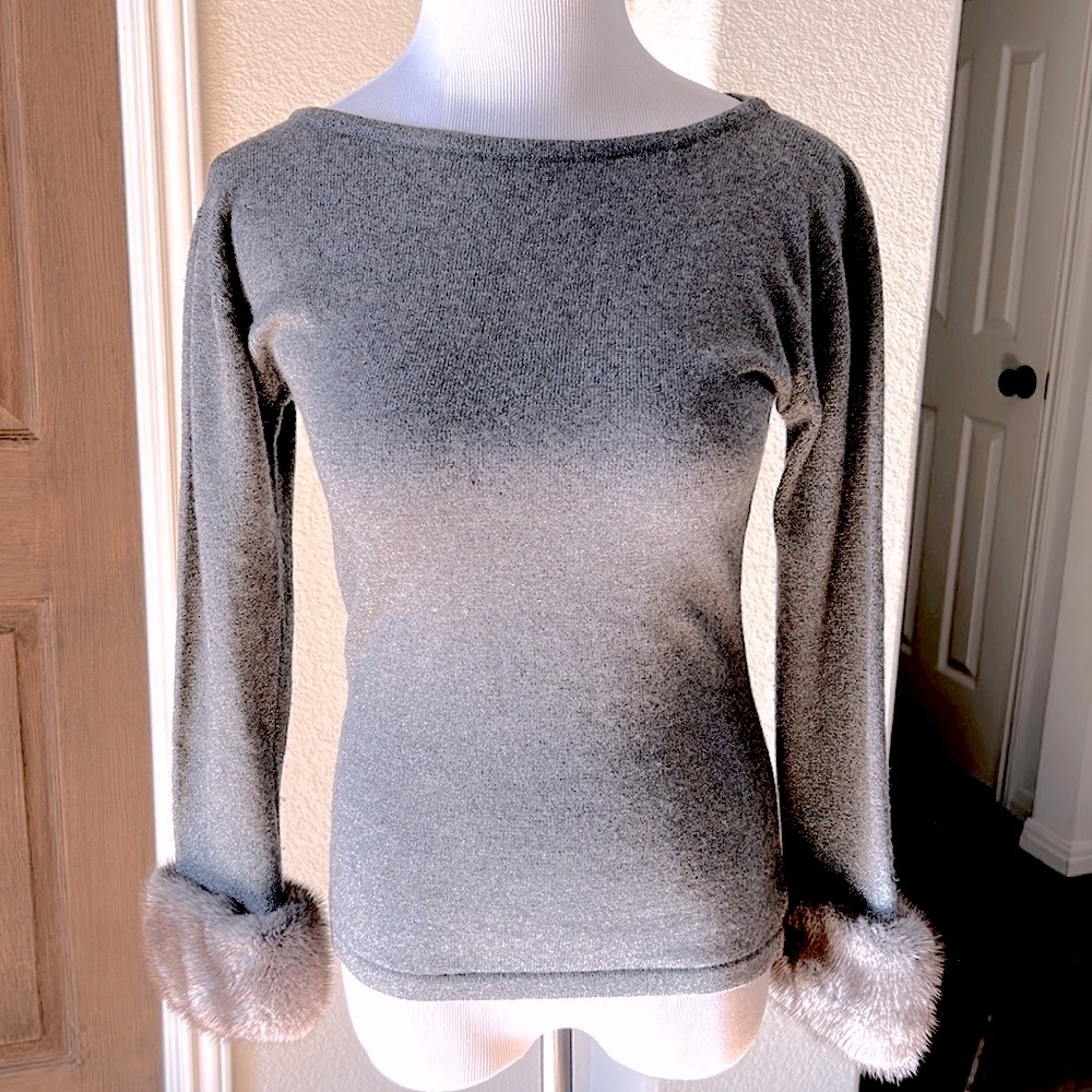 Bergdorf Goodman Fur Top Mob Wife Top Gray Metallic Silver Small Sweater